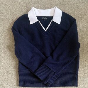 Marled Navy V-Neck Sweater with White Collar